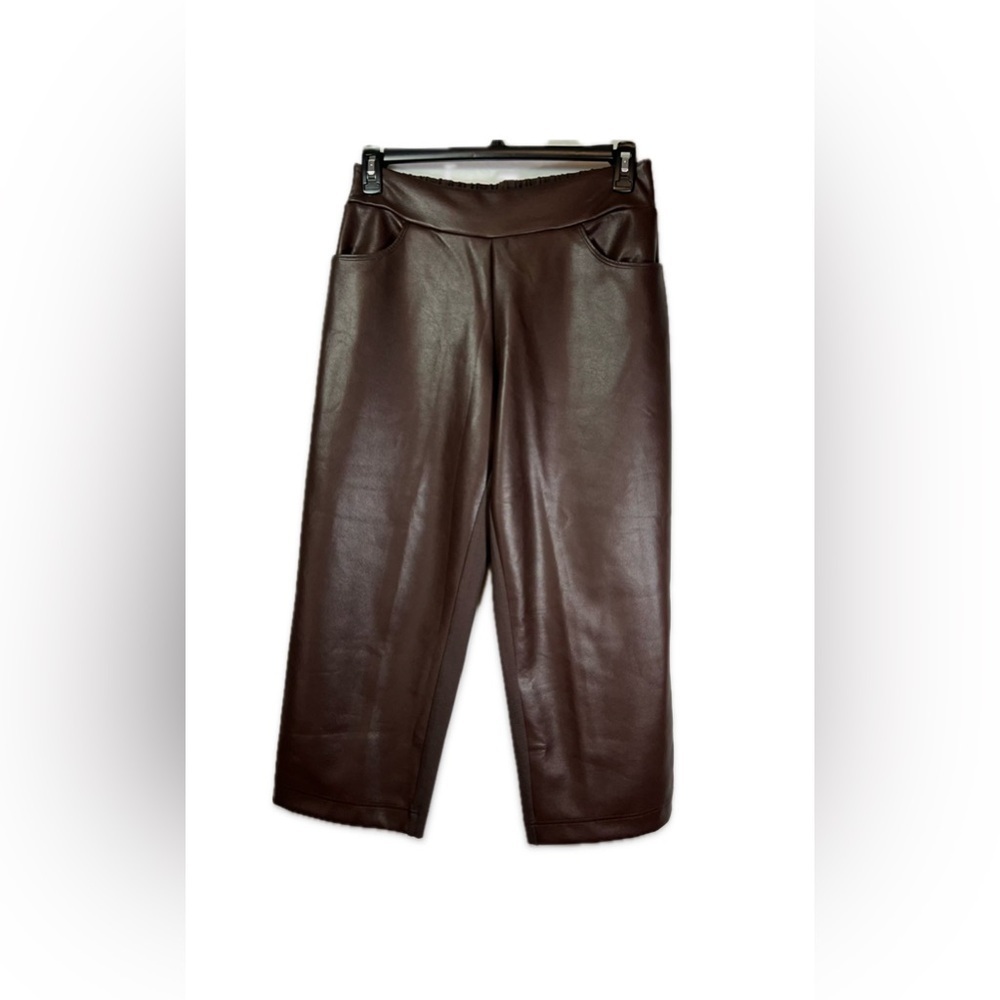 Belle Kim Gravel Brown Faux Leather Cropped Pants Women’s Size 14 Elastic Wais